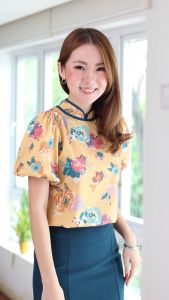 Narinari : MT6249 Chinese Collar Balloon Sleeve Blouse เสื้อคอจีน แขนบอลลูน