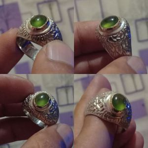 Batu Natural Ijo Botol Green Serpentine Bergiwang Mini Ring Alpaka Size 7 Siap Pakai