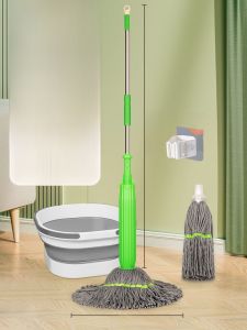 Thickened Sleeve Mop Bamboo Fiber One Push Wet Floor Cleaning Tool Quick Drying Large Area Water Squeezing Household Tool