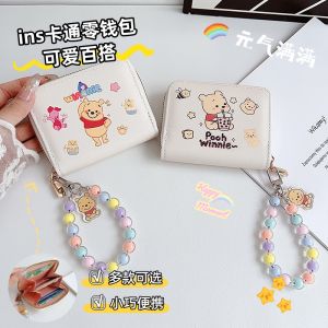 Winnie the Pooh Kids Coin Purse Card Holder Integrated Cute Cartoon INS Style Pendant Anti-Loss Short Wallet Horizontal PU Leather