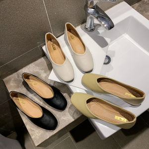 Giày Đơn Đế Phẳng Da Mềm Cho Nữ Mùa Thu Phong Cách Hàn Quốc Đế Cao Su Màu Đen Thường Ngày Mũi Vuông Đế Bằng