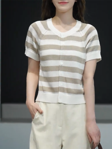 QINGNAER | Korean Style Striped Color Contrast Short Sleeve Knit Big Size Women Blouse Slim Shoulder Crop Top Summer