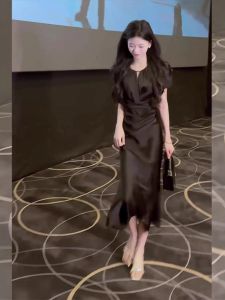 Elegant Black Tea Break Dress Hepburn Style Summer Light Maturity High Waist A-Line Skirt Short Sleeve Long Dress Gown