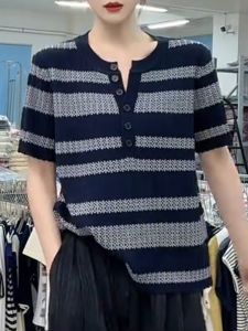 UYFY | Slimming Striped Round Neck Short Sleeve Shirt Womens Casual Loose Fit Summer Fashionable Top Comfortable Breathable Korean Style