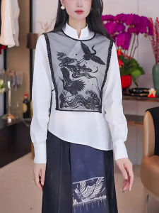 New Chinese Style Long Sleeve Shirt Casual Elegant Design Fake Two-Piece Top Slimming High-End Womens Spring Autumn Fashion