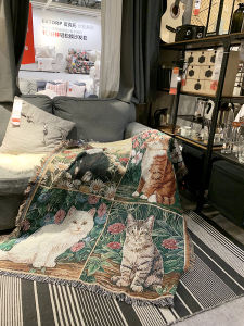 Four Kittens Knitted Cotton Blanket Casual Decorative Pet Fabric Home Knit Couch Cover Low Warmth All Season Universal