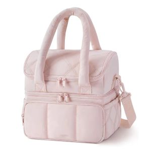 large-capacity portable lunch bag lightweight double-layer quilted insulation bag  nylon lunch box with padded shoulder strap