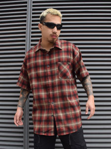 96 American-Style Short-Sleeved Gingham Shirt Mens and Womens Fashionable Summer Loose Easiest for Match Classic Pure Color Large Plaid Shirt Coat