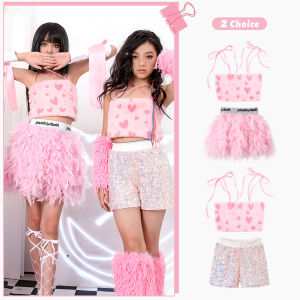 LOlanta Jazz Dance Costume Girl Pink Crop Top Sequin Shorts Clothes Racing Kids Hiphop Stage Catwalk Dance Wear