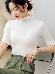 miiow | Slim Fit Short Sleeve Mid Sleeve Base Shirt Womens Style Thin Summer Top Half High Collar Commute Style Autumn Initial Shirt