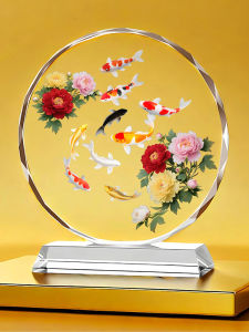 Lucky Nine Fish Chinese Style Crystal Decorative Figurine Living Room Desktop Ornament Peony Flower Wealth And Abundance Table Top