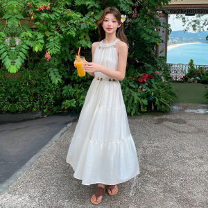 Elegant Ladylike Long Neckline Slimming White Moonlight Dress Korean Style A-Line Skirt No-Sleeve Summer Fashion Dress