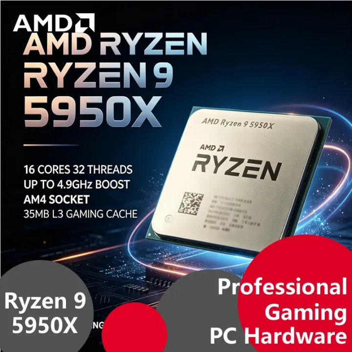 AMD | AMD Ryzen 9 5950X Zen3 AM4 Tray CPU, 16C32T, 4.9GHz Max Boost, 72MB Cache, 105W, Unboxed No Stock Cooler For Desktop PC Builds
