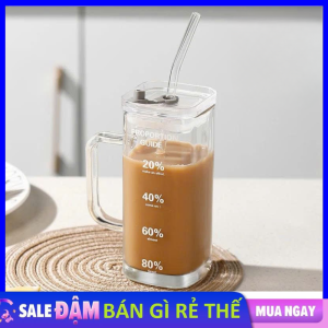 Ly Thủy Tinh Có Nắp Chống Tràn Kèm Ống Hút Dung Tích 340ML – Cốc Uống Nước Vạch Chia Tỷ Lệ Tiện Lợi Phong Cách Hàn Quốc / Ly Tách Pha Lê Sang Trọng Chịu Nhiệt Tốt - Cốc Thủy Tinh