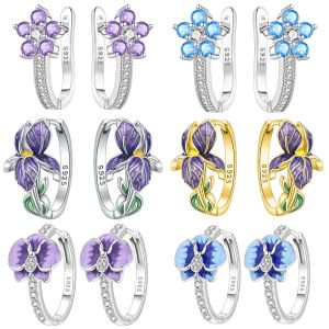 S925 Sterling Silver Earrings Blue Purple Flower Earrings Original Elegant Fashion Jewelry For Women Birthday Gift