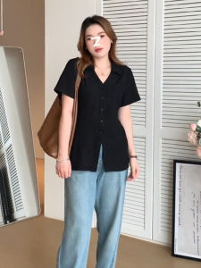 พลัสไซส์ สีดำ คอวี เสื้อยืดแขนสั้น ผู้หญิง ฤดูร้อน ใหม่ หลวม Fit ลำลอง เสื้อท่อนบน ซ่อนพุงประจบ หลากหลาย Upperwear