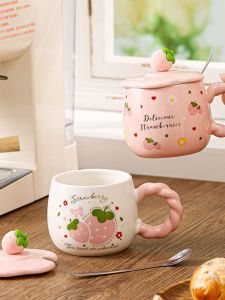 Cute Strawberry Ceramic Mugs Large Diameter with Lid Office Home Use Water Cups Female Students Office Workers Will like