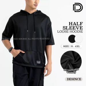 🇲🇾 DESINCE Men Hoodies Half Sleeve Jacket With Hood Man Plus Size Hoodie Outerwear Sweater Black White Top Lelaki MT 017