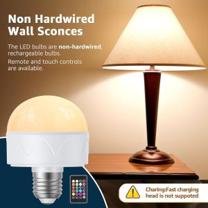 【Shipped From Penang】2 Pack Rechargeable Battery Powered Bulbs Color Changing Bulbs Dimmable 4W E27 Screw Base RGB 3 Color Temperature Remote Control Ice Hockey Emergency Light Timer For Bulbs Without Sockets