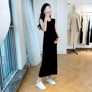 Black Knitted Maternity Dress Womens Style Early Autumn Strap Vest Long Draping High-End Feeling Midi Skirt Korean Version
