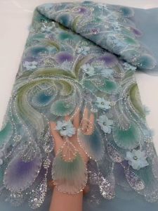 5 Yards African Beaded Lace Fabric Tulle with Sequins French 3D Flower Embroidered Applique for Sewing Material