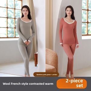 Miiow | Warm Underwear Set For Women Round Neck Long Sleeve Skin-friendly Base Layer Autumn Winter Clothes Polyester Rayon Nylon Wool Blend