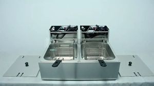 Stainless Steel 20L Double Deep Fryer with Timer and Lid Basket Large Capacity Electric Deep Frying French Fries Fried Chicken Timing Fried Machine