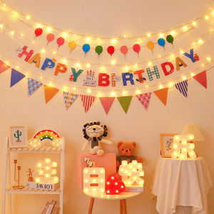 Birthday Joy Glowing LED Letters Decorative Golden Stickers String Lights Triangle Flags for Celebration Nordic Style Bedroom