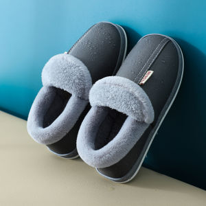 รองเท้าแตะ PU หนังผ้าฝ้ายกันน้ำสำหรับผู้ชายและผู้หญิง รองเท้าแตะพื้นหนา ฤดูใบไม้ร่วง/ฤดูหนาว รองเท้าแตะในบ้าน รองเท้าแตะคู่