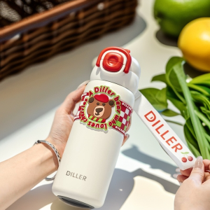 Cốc Nước Cách Nhiệt Cherry Bear Durable 600ml Bằng Thép Không Gỉ 316 Cốc Nước Có Ống Hút Di Động Cho Học Sinh Và Trẻ Em