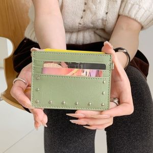 Mini Multi Slots Rivet Purse Ultra Thin PU Leather Card Wallet for Women Solid Card Holder for Students Prefect Gift for Girls
