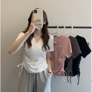Summer New Womens T-shirt V-neck Drawstring Slim Fit Short Sleeve Student Fashion Top Commute Style Pure Color Design