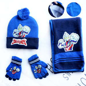 BLOKEES | 3Pcs Ultraman Kids Winter Knitted Beanie Hat Scarf Gloves Set Boys Thickened Warm Pompon Cap Soft Windproof Children Outdoor