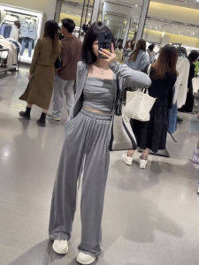 Fashionable European Sportswear Set for Women Spring Autumn Thin Long Sleeve Open Cardigan Strap Vest High Waist Straight Leg Pants Three Piece Set