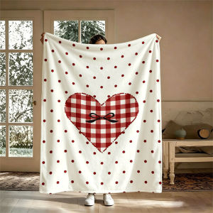 BILIBILI | Chăn Flannel Gingham Heart Polka Dots Sử Dụng 4 Mùa Chống Đóng Cọc Di Động Sofa Văn Phòng Giường Du Lịch Cắm Trại Chăn Phong Cách Hiện Đại 100% Polyester