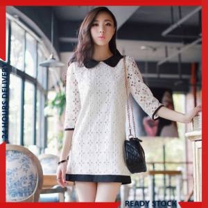 CFBOUTIQUE Korean Style Women Fashion Peterpan Collar Contrast Eyelet Lace 3/4 Sleeve Ladies Summer Dress