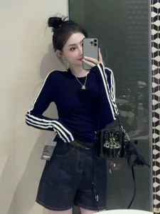 Slim Fit round Neck Long Sleeve T-Shirt Women Base Shirt Fashionable Versatile Striped Commute Simple Style Cotton Blend Top