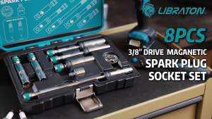 LIBRATON 8pcs 3/8" Drive Magnetic Swivel Spark Plug Socket Set with Gap Tool & Extension Bar 9/16 5/8 14mm 16mm 6&12 Point