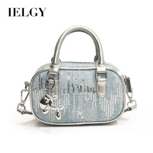 IELGY Korean Style Denim Sequined Portable Bowling Bag Contrast Color One-Shoulder Messenger Small Square Bag
