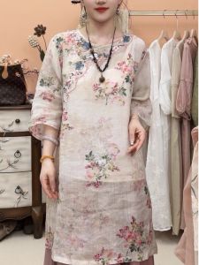 Elegant Chinese Style Cotton Linen Five-Quarter Sleeve Cheongsam Dress Women Summer High-End Mulberry Silk Printed Embroidery Midi Top