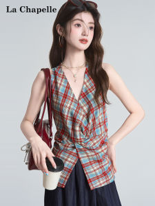 La Chapelle Summer New Red Plaid Neck Hanging Womens Vest Waist Cinching Sleeveless Top Design Sense Knot Slimming Waist