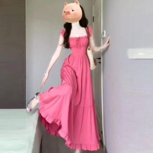 CHANGTONG | Elegant French Style Unique Pink Dress Fairy Summer Beach Vacation Long Skirt Simple Pure Color Belt Design Spring Autumn Wear