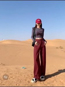 Burgundy straight trousers womens high waist jeans solid color casual versatile new style plus size