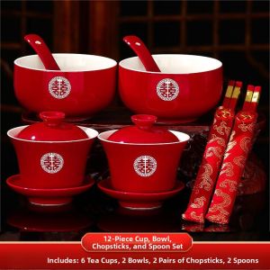 DANBIYIN | Wedding Red Tea Set Cups and Chopsticks