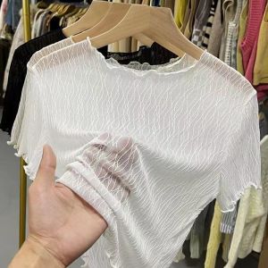 Áo Lưới Tay Ngắn Mùa Hè Cho Nữ Áo Lưới Trong Suốt Màu Đen Áo Lưới Ren Nửa Dài Áo Lưới Ren Lỗ Bướm Áo Lưới Ren Lót Bên Trong