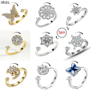 SMJEL Fidget Spinner Ring Anxiety for Women Multiple Crystal Star Round Butterfly Finger Ring Rotate Anti Stress Wedding Jewelry