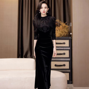 French Hepburn Style Classy Black Velvet Dress Womens Winter Christmas Party Dress Fancy Inner Dress