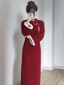 Red Evening Cheongsam Thickened Winter Wedding Dress Chinese Style New Year Visit Costume Womens Daily Autumn Winter Wine Serving Suit