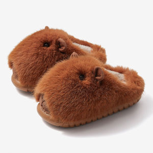 Cute Girls Autumn Winter Fashion New Plush Cotton Slippers Indoor Outdoor Wear Home Pet Capybara Cartoon Design Warm Flat Bottom