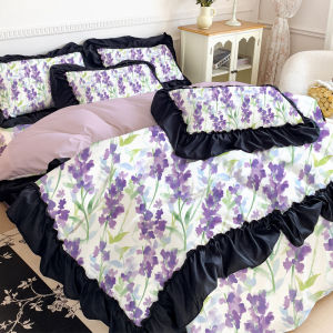 2025 New Impressionist Floral Flocking Four-Piece Set Black Lace Bedding Duvet Cover Country Style Bedding Sheets